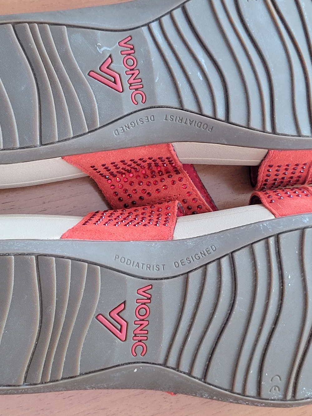 Vionic Red Triple-Strap Rhinestone Slide Sandals - Picture 4 of 5